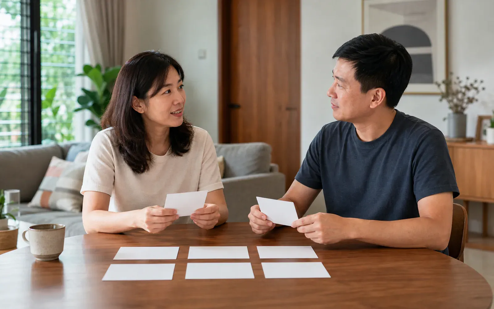 Chinese Malaysian adults discussing a balanced domestic duty plan