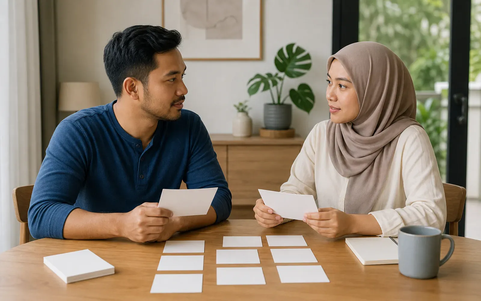 Orang dewasa Melayu Malaysia membincangkan pelan tugas rumah yang seimbang