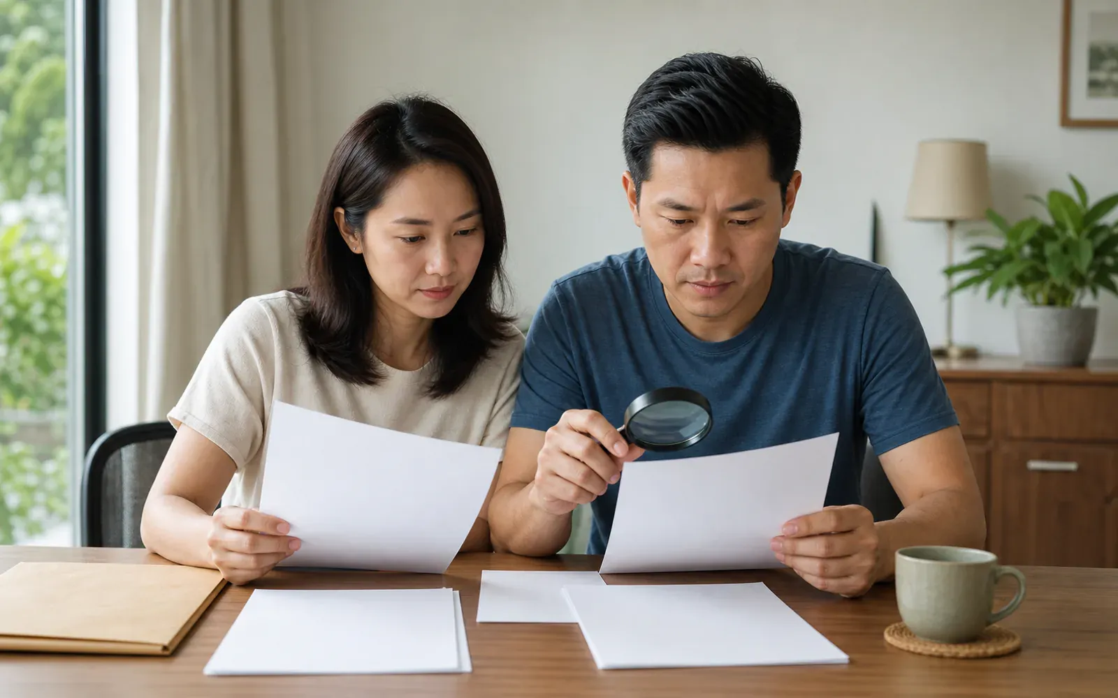 Chinese Malaysian couple checking agency documents carefully