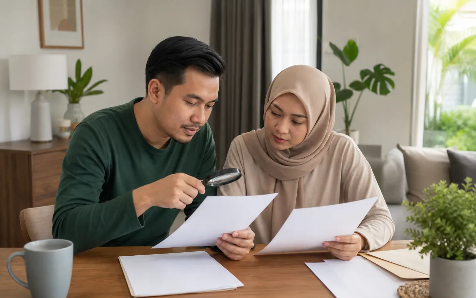 Pasangan Melayu Malaysia menyemak dokumen agensi dengan teliti