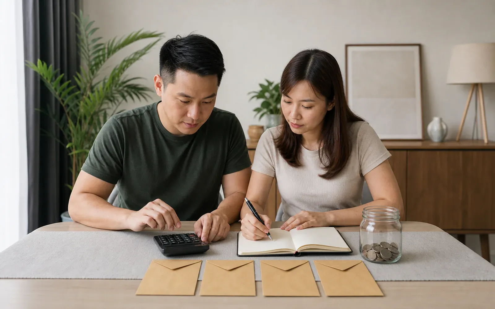 Chinese Malaysian couple preparing a first-year household budget