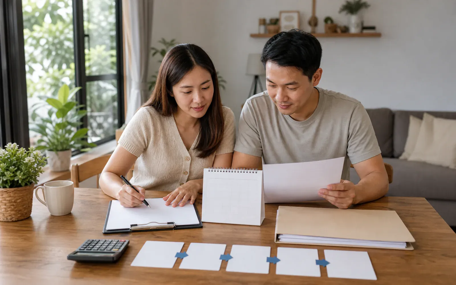 Chinese Malaysian couple using practical household planning tools