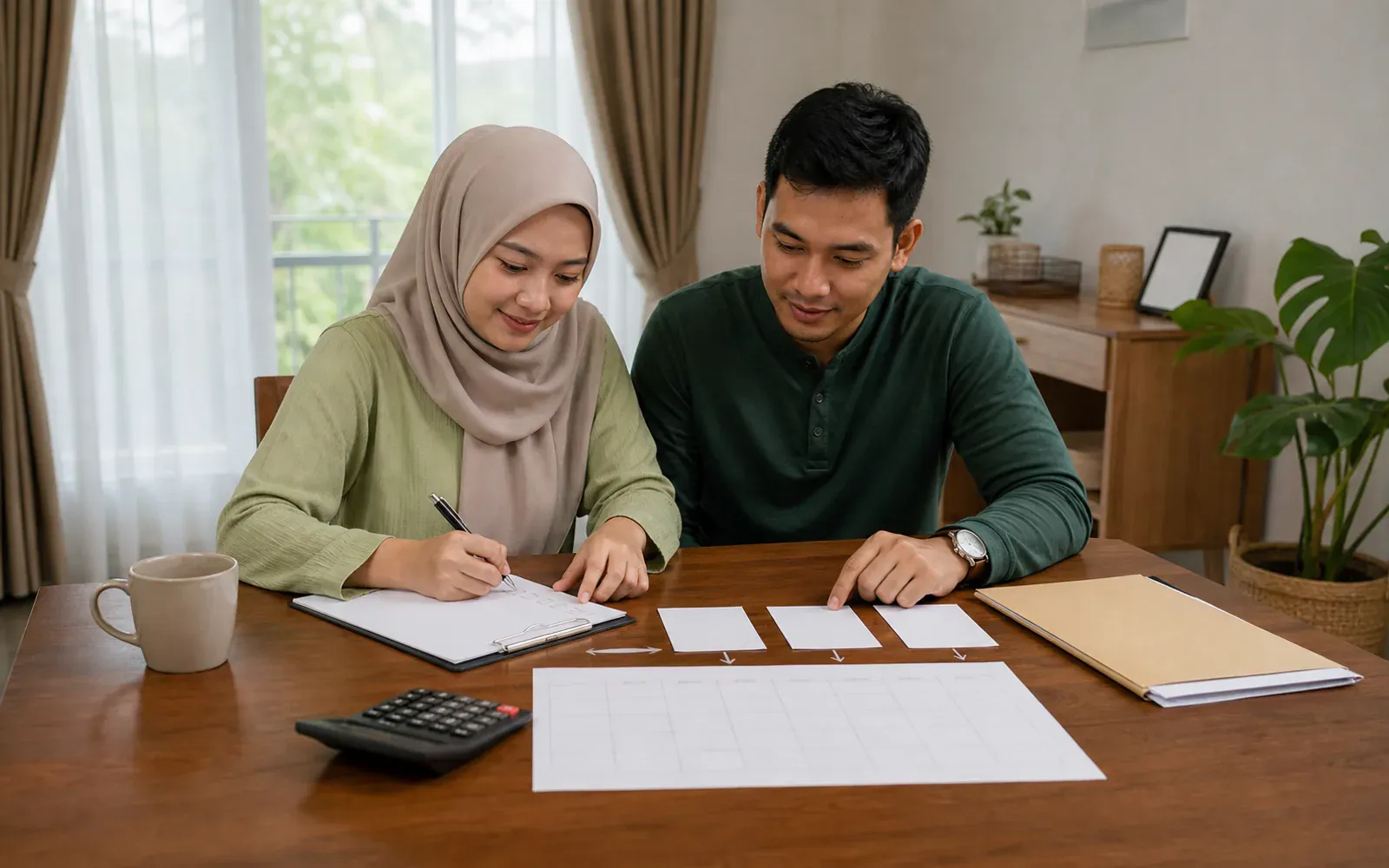 Pasangan Melayu Malaysia menggunakan alat perancangan rumah yang praktikal